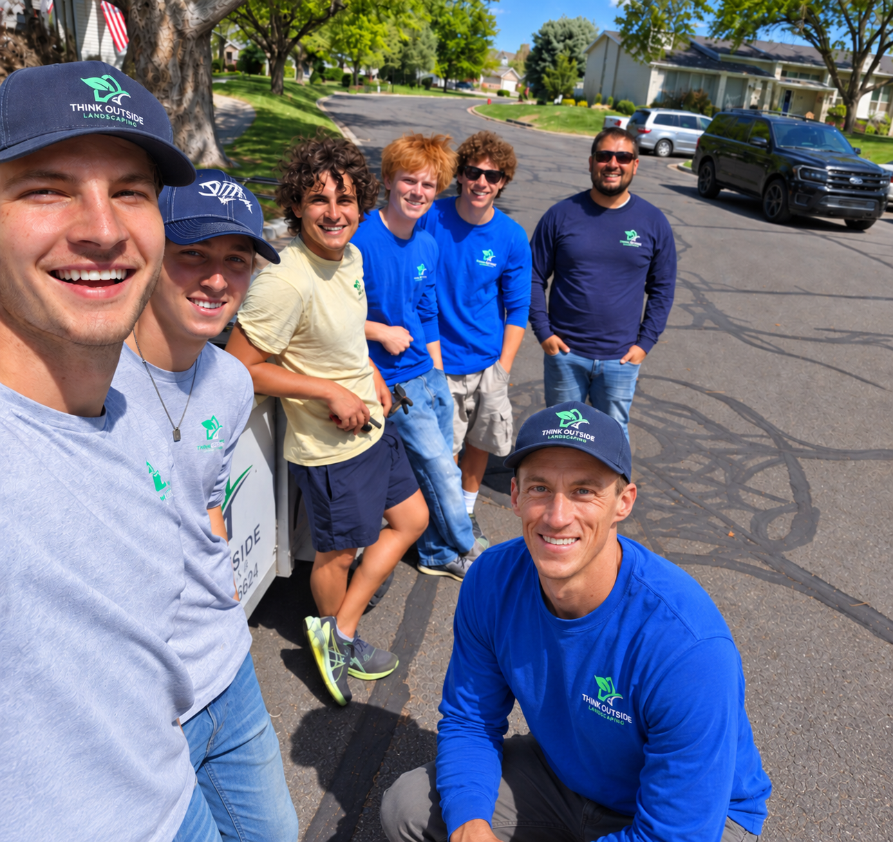 Think Outside Landscaping crew gathered on a Utah neighborhood street beside their trailer
