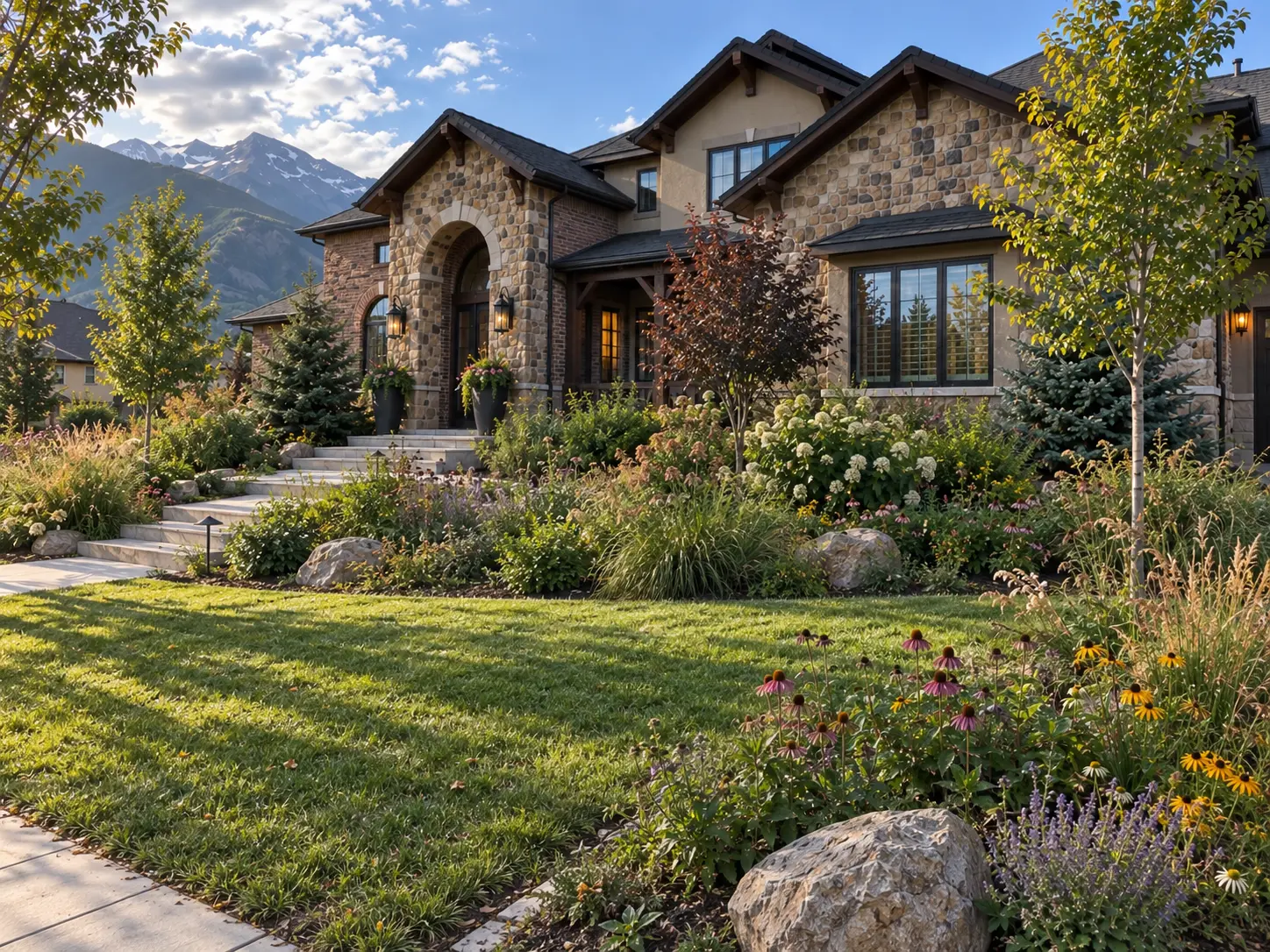 Mountain home with landscaped beds, flowers, fresh lawn and mountain views in Utah