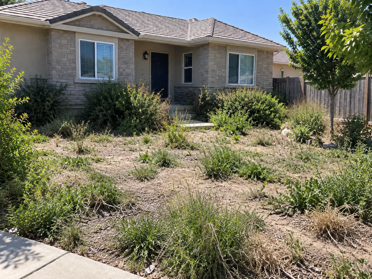 Overgrown front yard before landscape renovation in Utah County