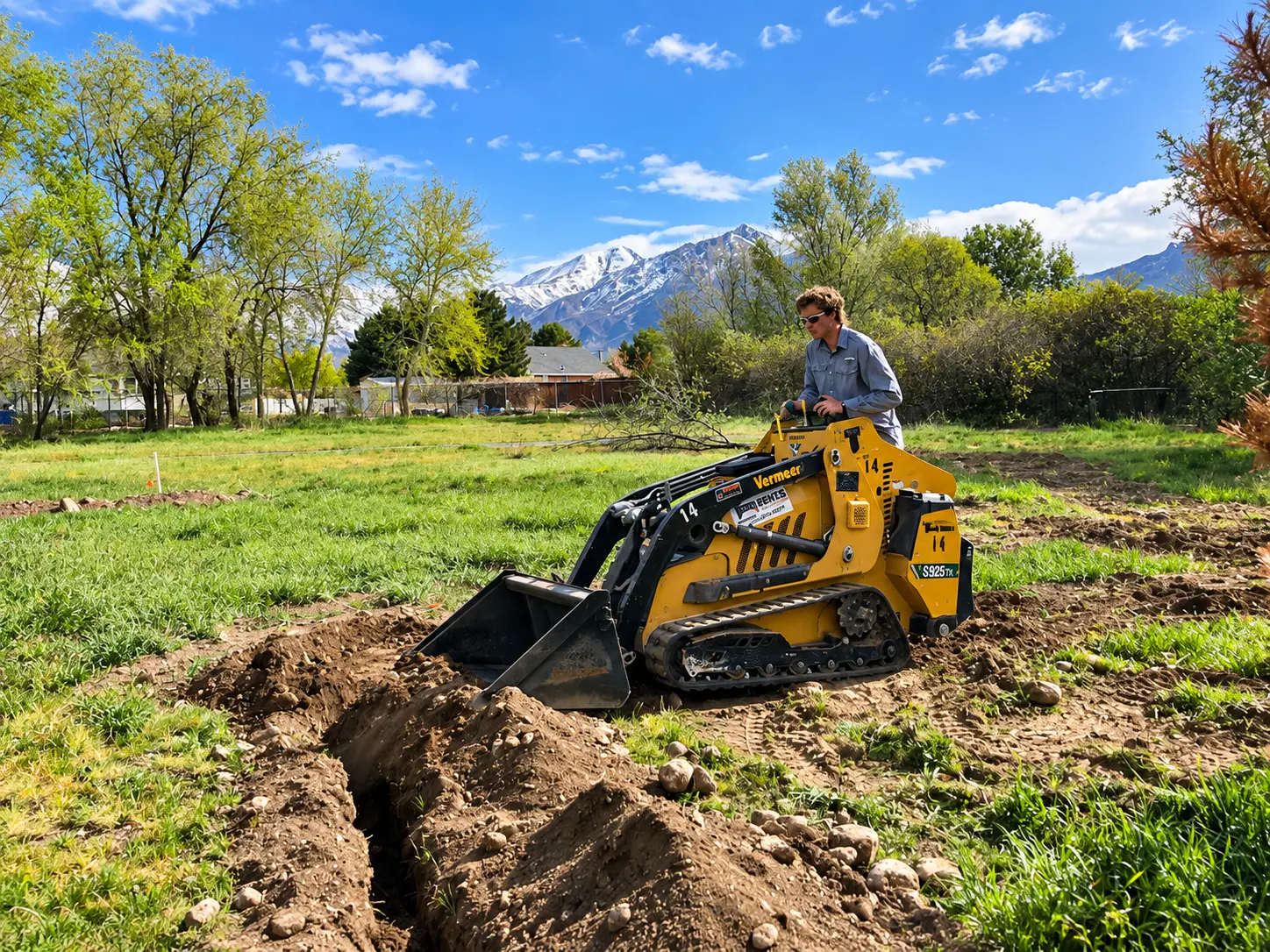 Crew member operating compact equipment during a Utah landscape installation