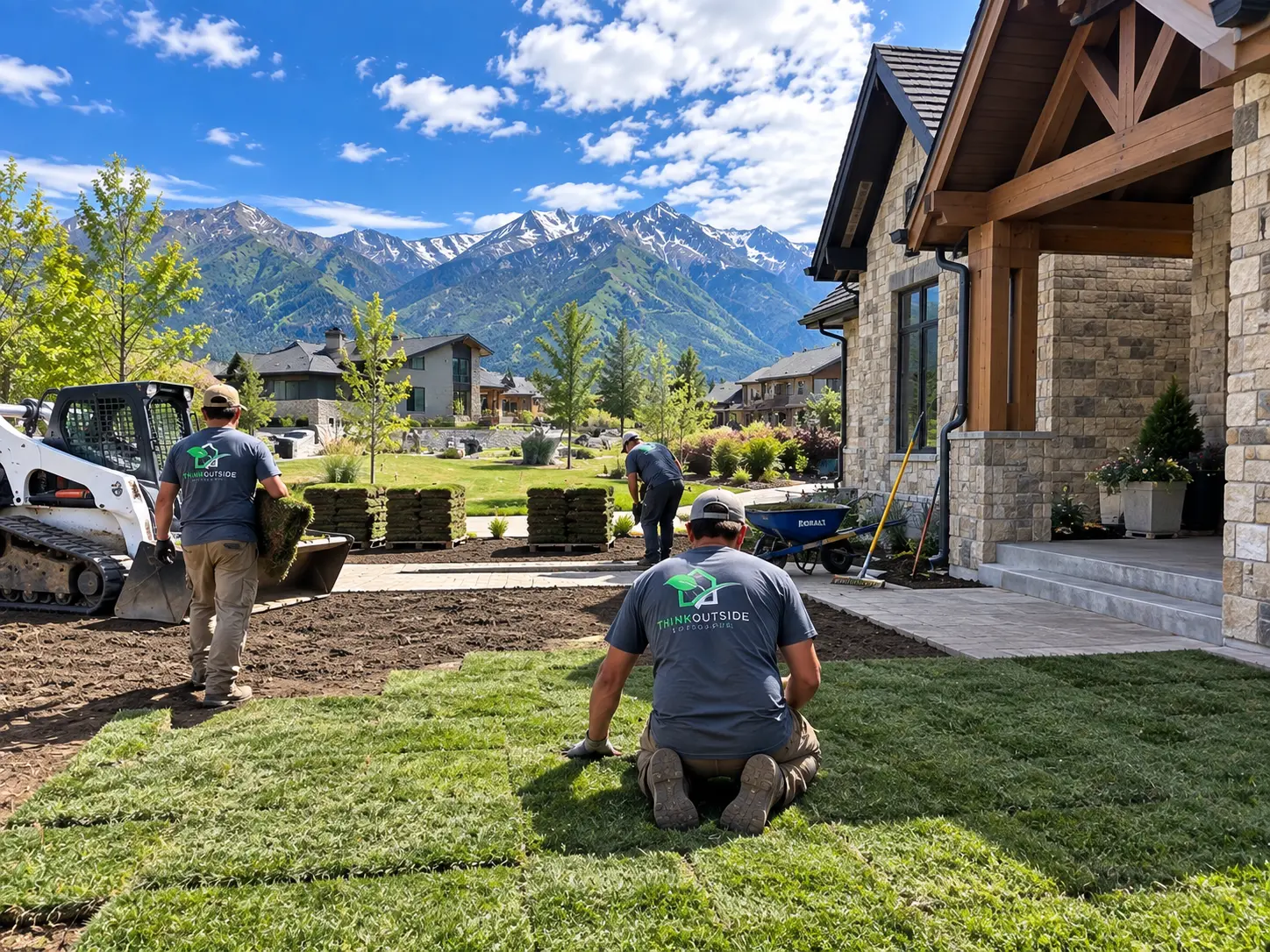 Think Outside Landscaping crew installing fresh sod at an Alpine property