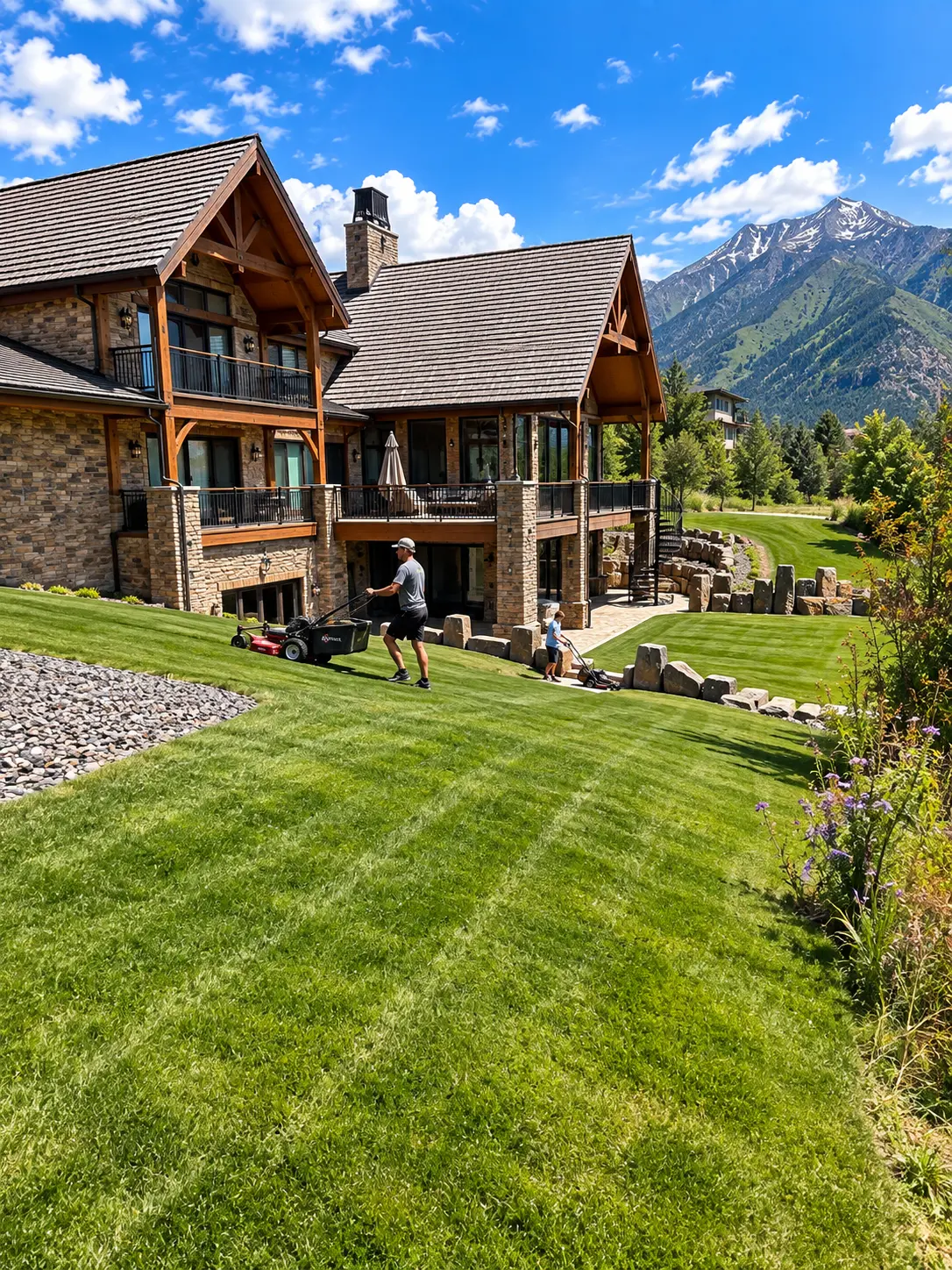 Crew mowing a large mountain property in northern Utah County