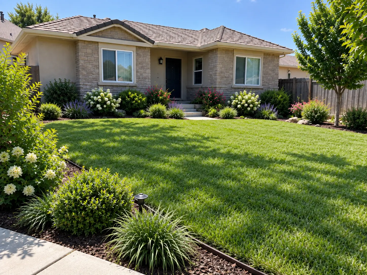 Finished front yard after landscape renovation with new lawn and planting beds