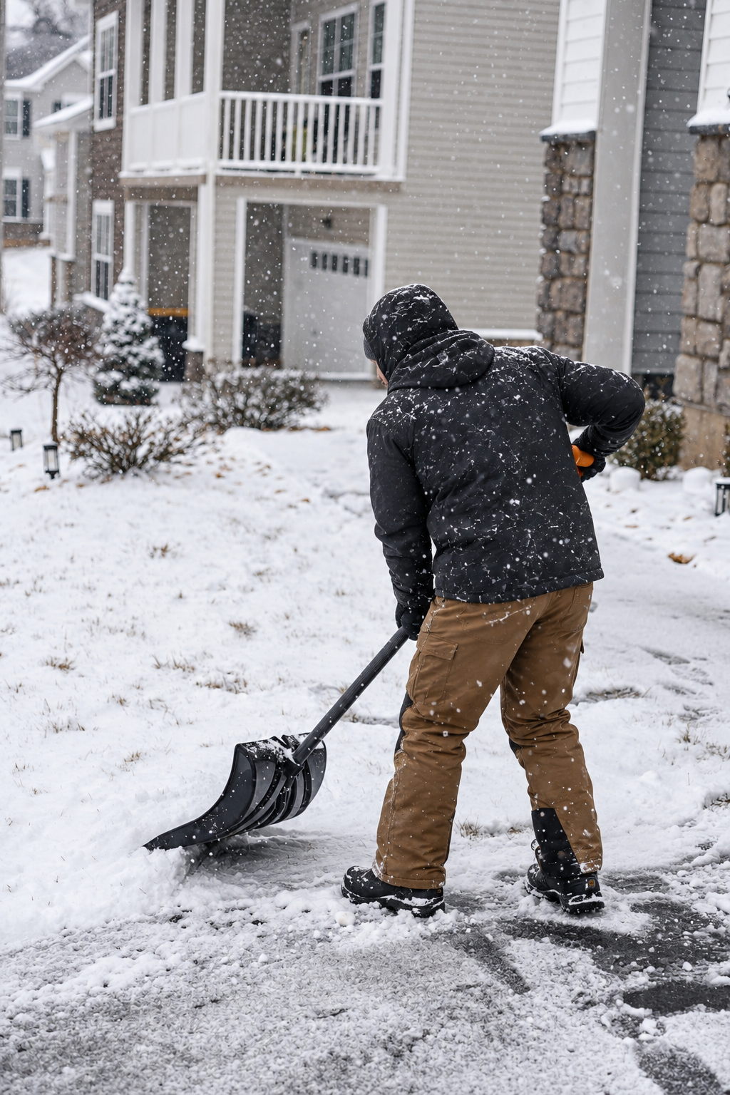 Crew member hand-clearing snow from a walkway and entrance