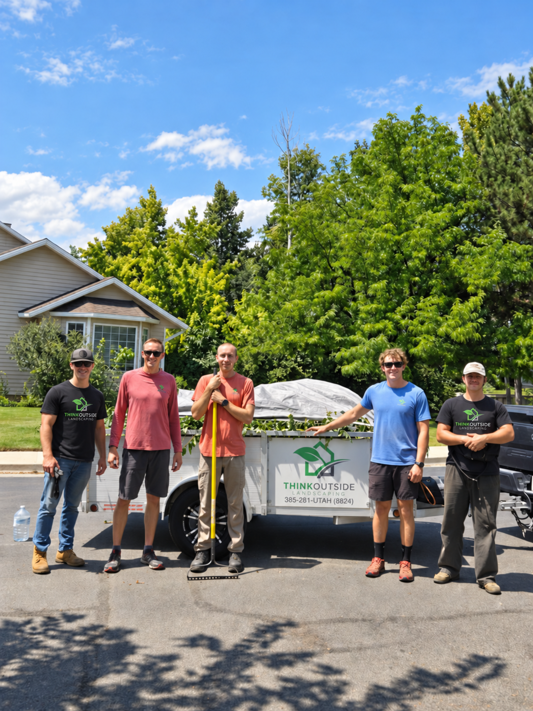 Think Outside Landscaping crew standing beside their work trailer