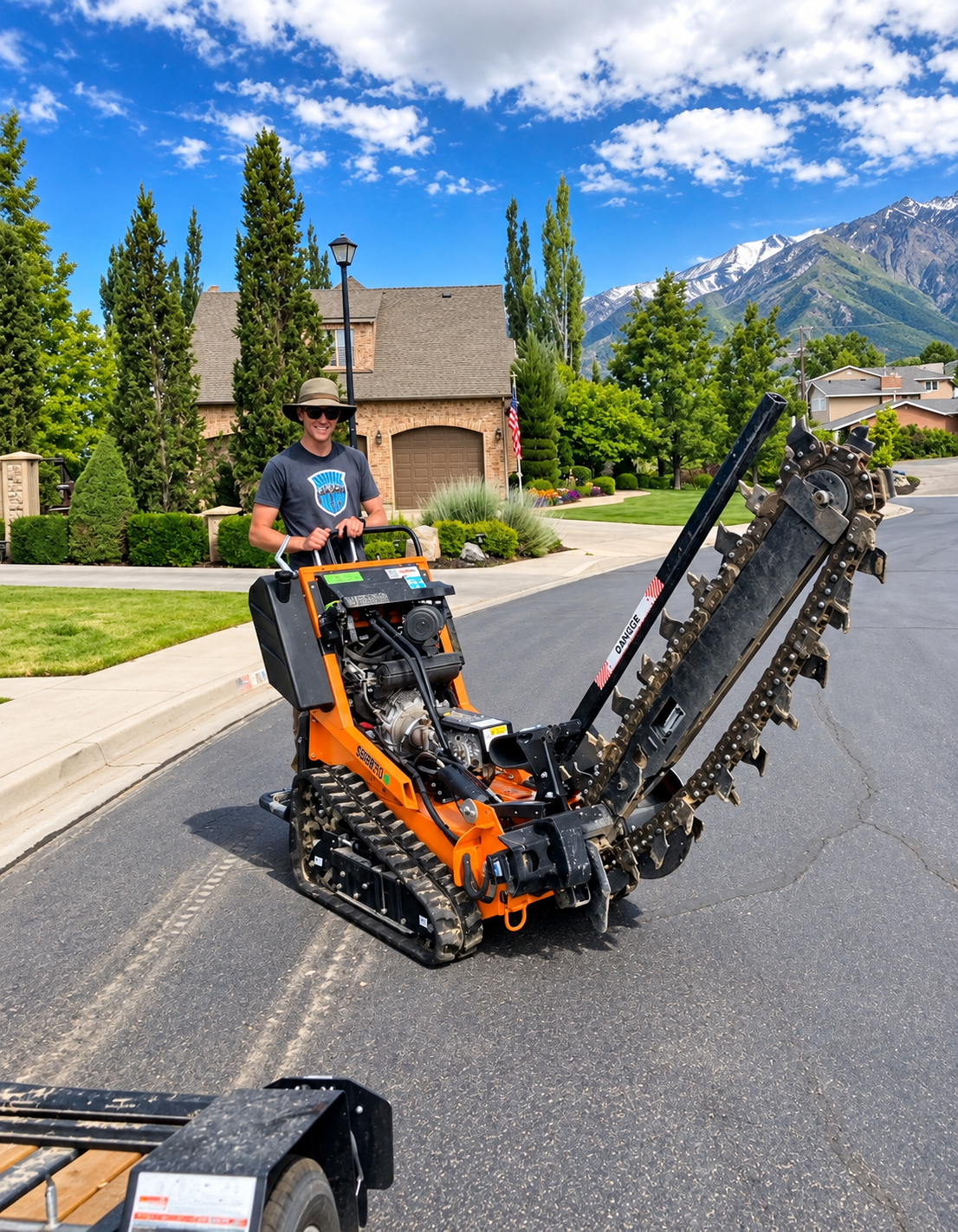 Crew member with trenching equipment used for landscape and irrigation work