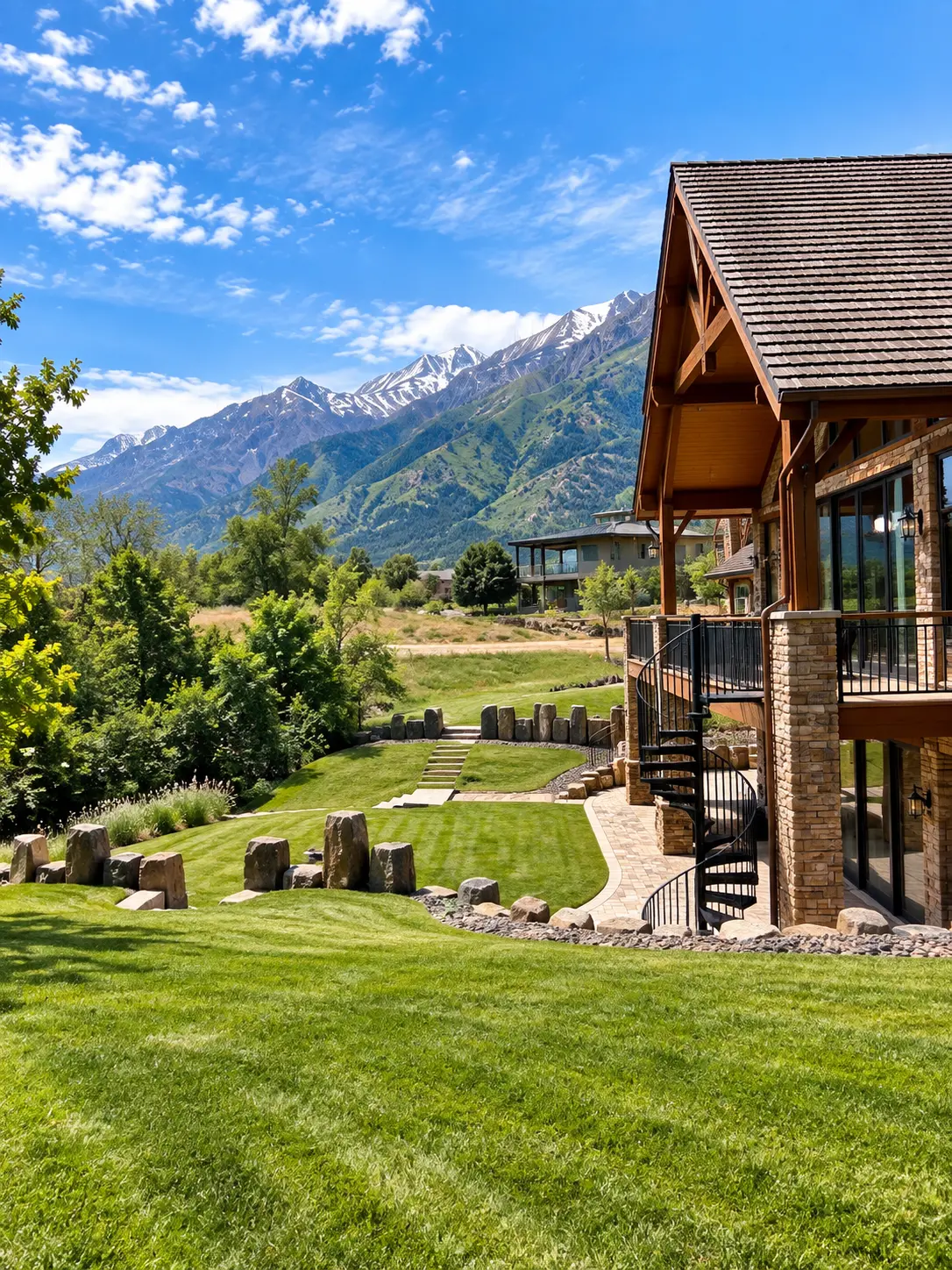 Finished Utah County landscape with a mountain backdrop, stonework and green lawn