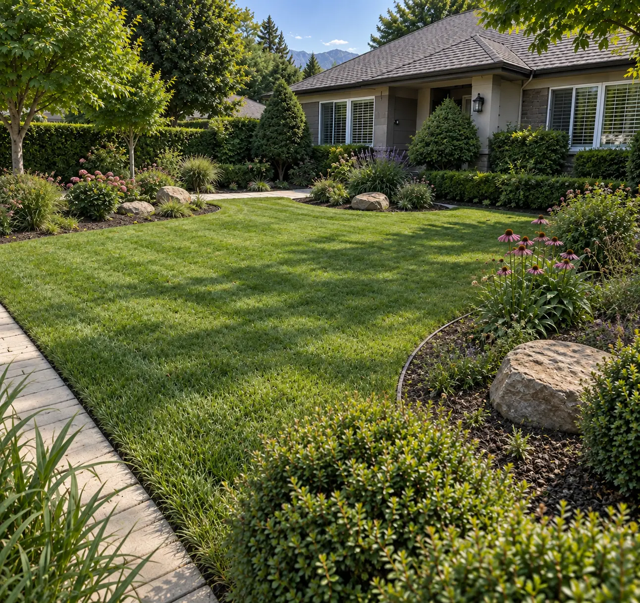 Well-maintained Utah landscape with crisp lawn edges, trimmed hedges and clean mulch beds