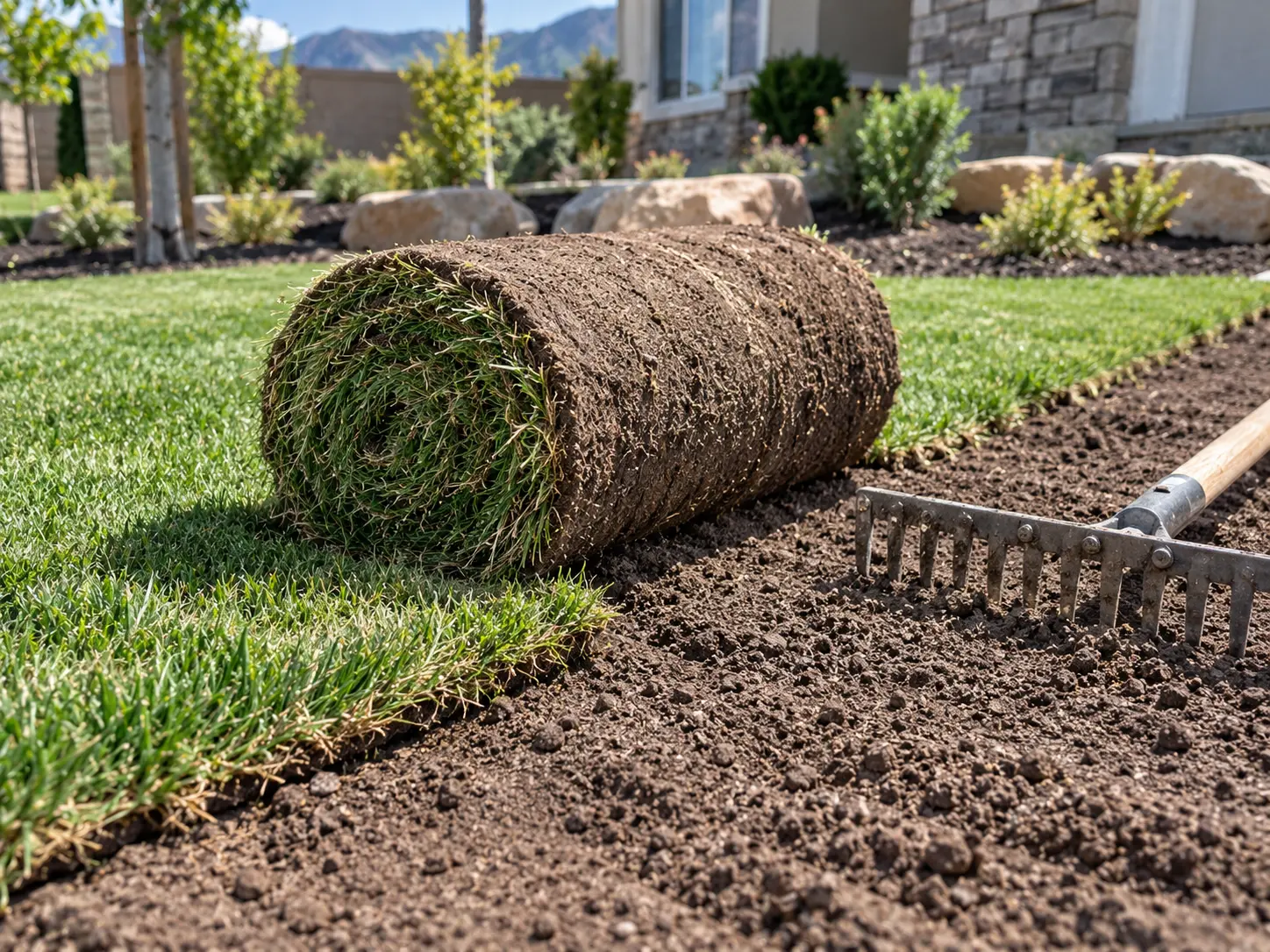 Fresh sod being installed for a new lawn