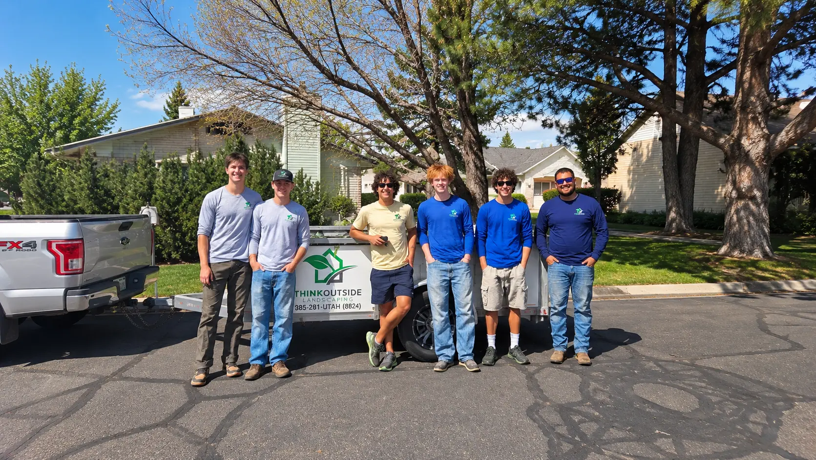 Think Outside Landscaping crew beside their truck and trailer at an HOA property