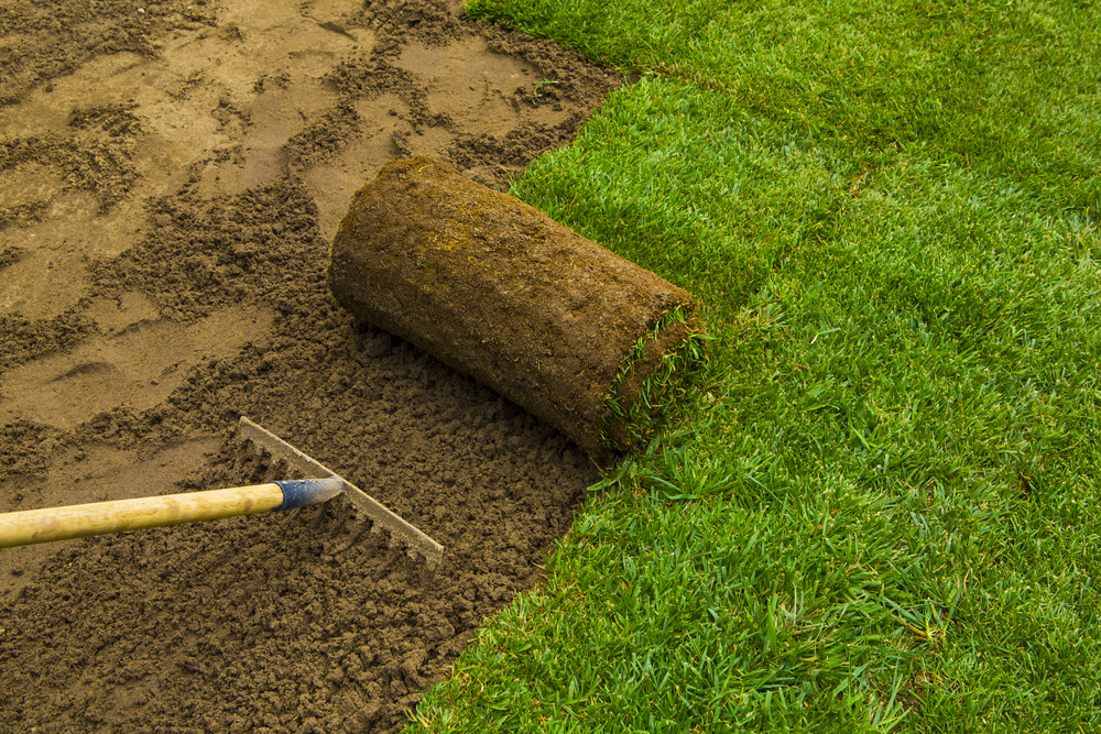 Landscaping crew installing sod at a Utah County property