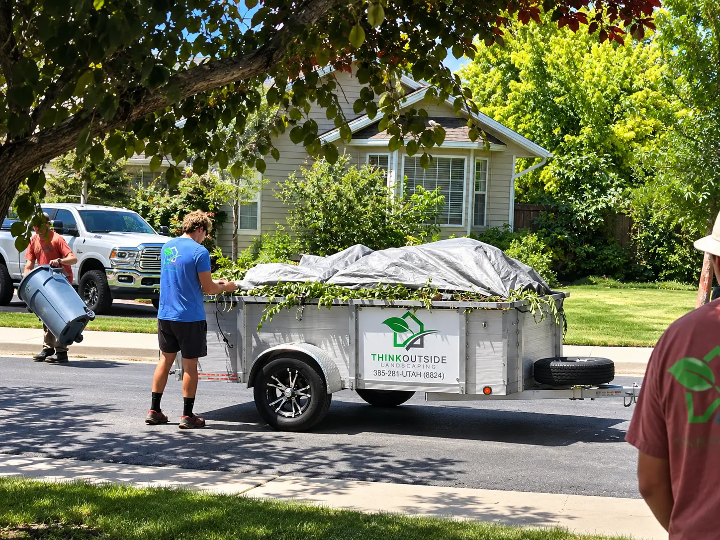 Think Outside Landscaping crew loading branches into a branded trailer