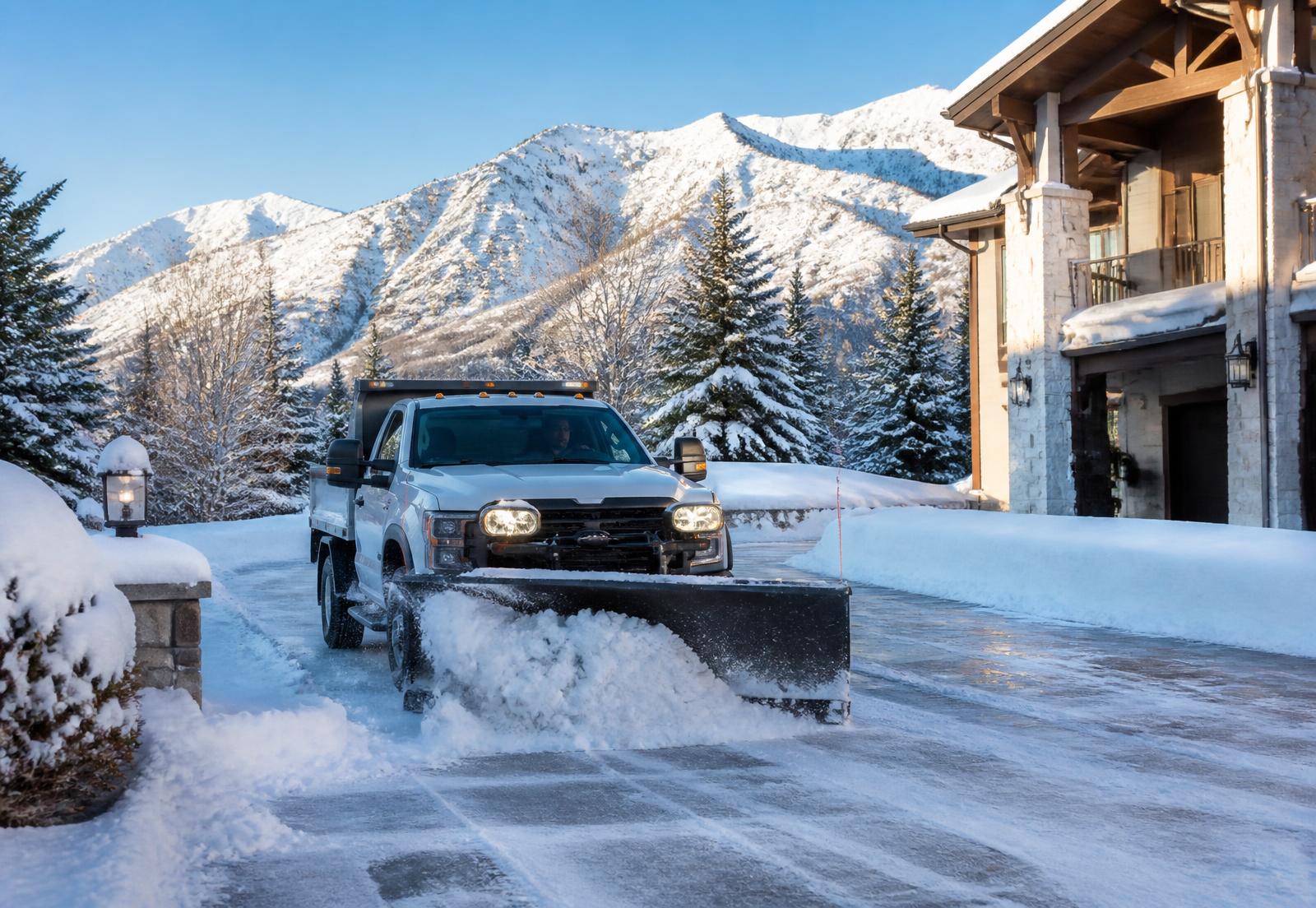 Snow plow clearing a wide residential driveway in Highland, Utah with Wasatch mountain views