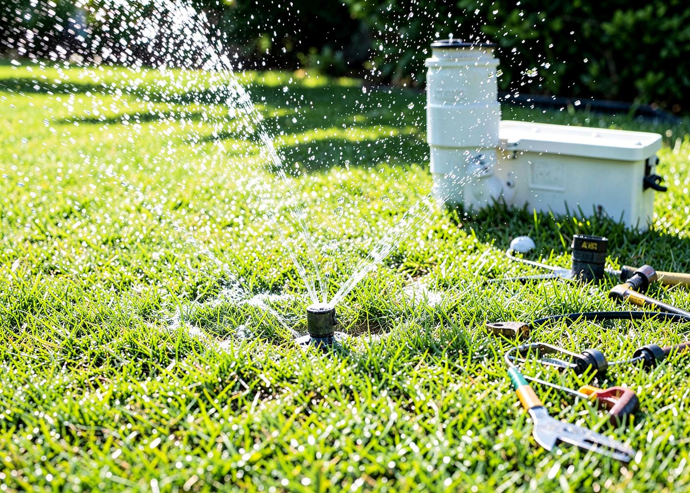 Sprinkler head spraying water across a healthy green lawn beside an open irrigation valve box